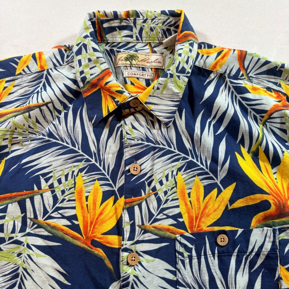 Joe Marlin Hawaiian Shirt Mens Medium Comfort Fit Bird of Paradise Tropical Navy